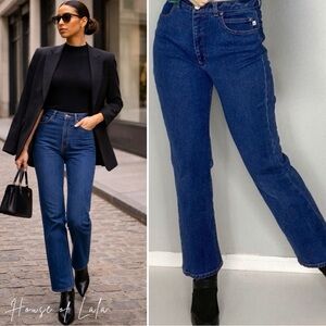 High waist straight leg flood length blue denim jeans. tailored Jeans.